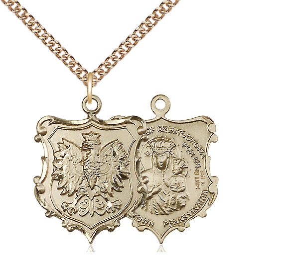 14kt Gold Filled Our Lady of Czestochowa Pendant on a 24 inch Gold Filled Heavy Curb chain