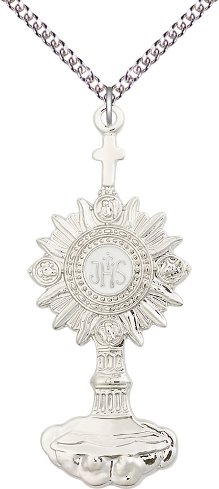 Sterling Silver Monstrance Pendant on a 24 inch Sterling Silver Heavy Curb chain