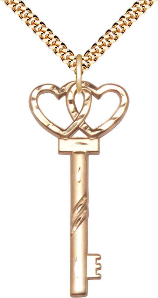 14kt Gold Filled Key w/Double Hearts Pendant on a 24 inch Gold Plate Heavy Curb chain