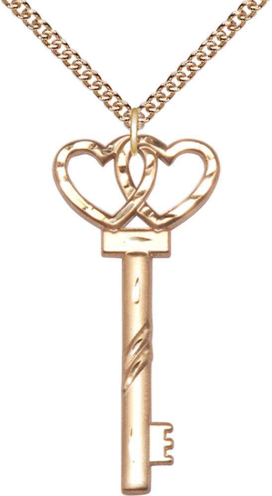 14kt Gold Filled Key w/Double Hearts Pendant on a 24 inch Gold Filled Heavy Curb chain