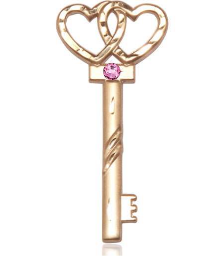 14kt Gold Key w/Double Hearts Medal with a 3mm Rose Swarovski stone