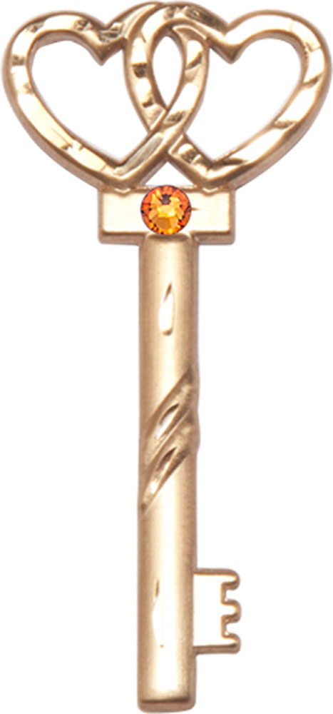 14kt Gold Key w/Double Hearts Medal with a 3mm Topaz Swarovski stone