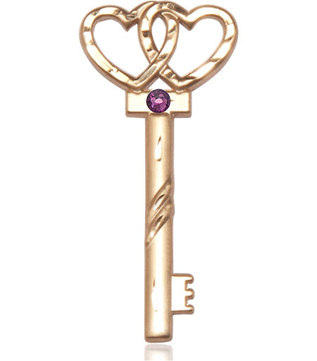 14kt Gold Key w/Double Hearts Medal with a 3mm Amethyst Swarovski stone