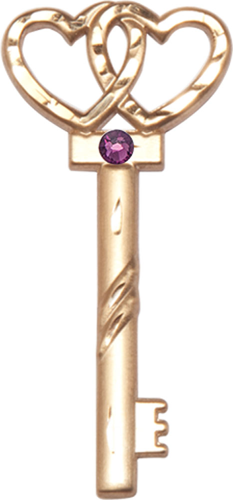14kt Gold Key w/Double Hearts Medal with a 3mm Amethyst Swarovski stone