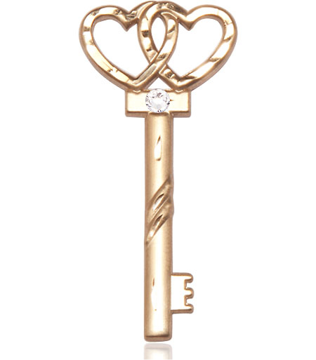 14kt Gold Key w/Double Hearts Medal with a 3mm Crystal Swarovski stone