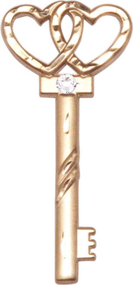 14kt Gold Key w/Double Hearts Medal with a 3mm Crystal Swarovski stone
