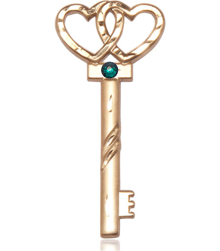 14kt Gold Key w/Double Hearts Medal with a 3mm Emerald Swarovski stone