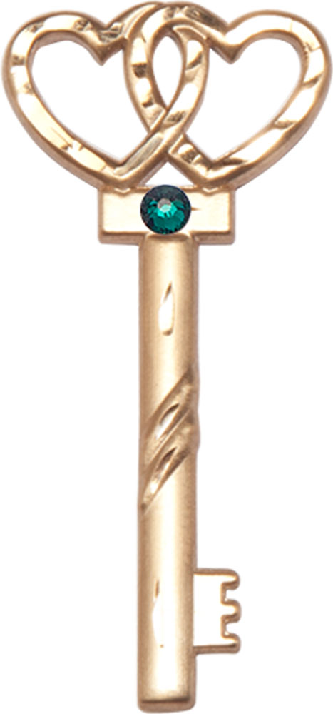 14kt Gold Key w/Double Hearts Medal with a 3mm Emerald Swarovski stone