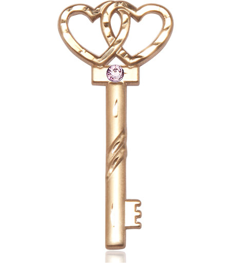14kt Gold Key w/Double Hearts Medal with a 3mm Light Amethyst Swarovski stone