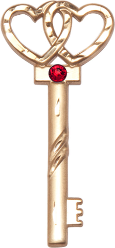 14kt Gold Key w/Double Hearts Medal with a 3mm Ruby Swarovski stone