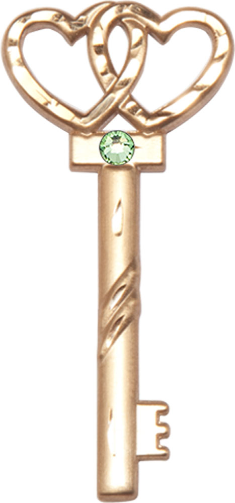 14kt Gold Key w/Double Hearts Medal with a 3mm Peridot Swarovski stone