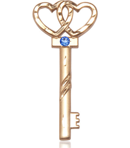 14kt Gold Key w/Double Hearts Medal with a 3mm Sapphire Swarovski stone