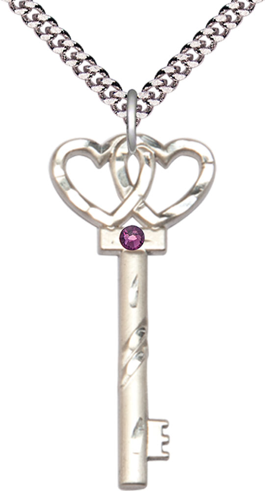 Sterling Silver Key w/Double Hearts Pendant with a 3mm Amethyst Swarovski stone on a 24 inch Light Rhodium Heavy Curb chain