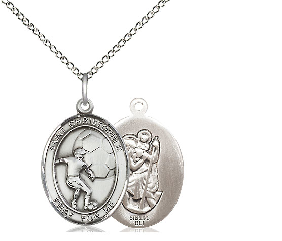 Sterling Silver Saint Christopher Soccer Pendant on a 18 inch Sterling Silver Light Curb chain
