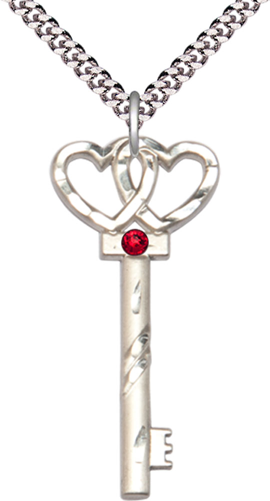 Sterling Silver Key w/Double Hearts Pendant with a 3mm Ruby Swarovski stone on a 24 inch Light Rhodium Heavy Curb chain