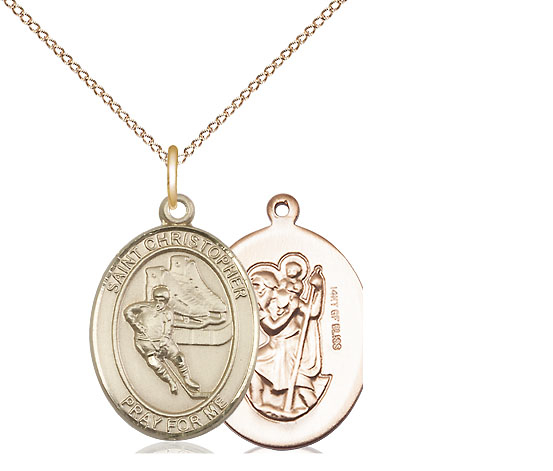 14kt Gold Filled Saint Christopher Hockey Pendant on a 18 inch Gold Filled Light Curb chain