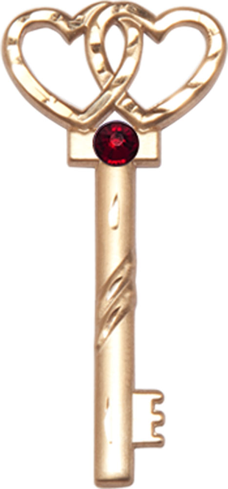 14kt Gold Filled Key w/Double Hearts Medal with a 3mm Garnet Swarovski stone