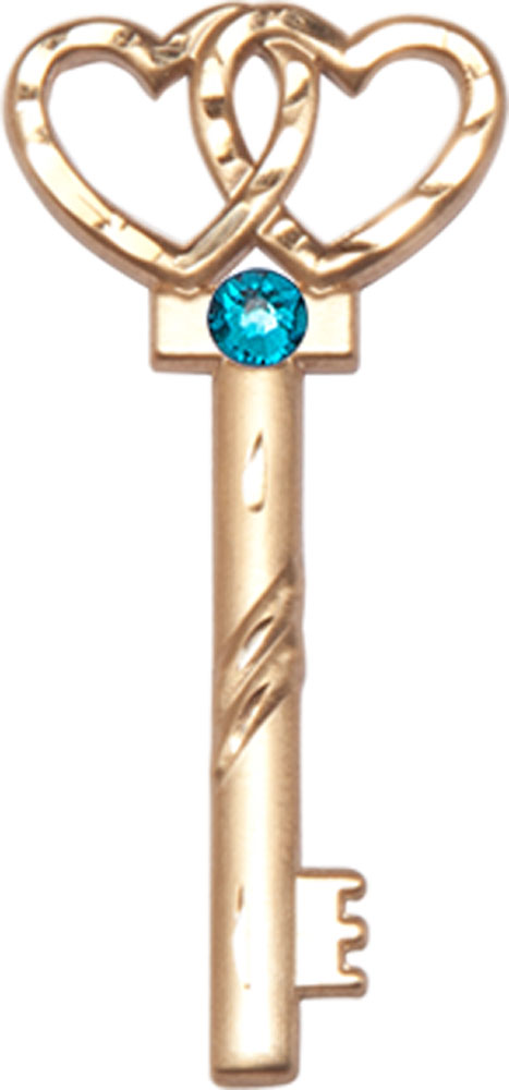 14kt Gold Key w/Double Hearts Medal with a 3mm Zircon Swarovski stone