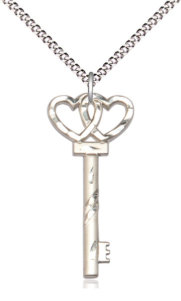 Sterling Silver Small Key w/Double Heart Pendant on a 18 inch Light Rhodium Light Curb chain