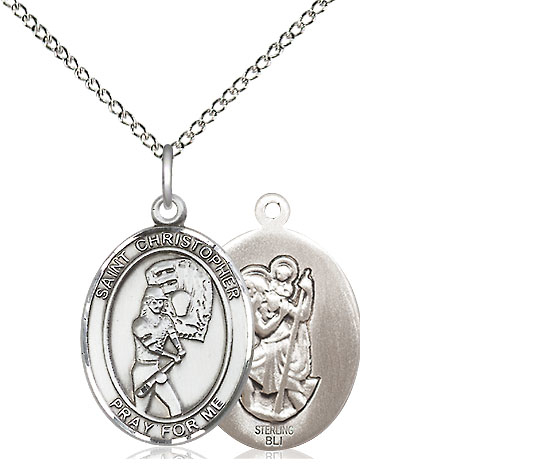 Sterling Silver Saint Christopher Softball Pendant on a 18 inch Sterling Silver Light Curb chain