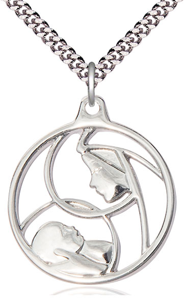 Sterling Silver Madonna &amp; Child Pendant on a 24 inch Light Rhodium Heavy Curb chain