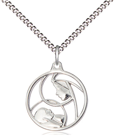 Sterling Silver Madonna &amp; Child Pendant on a 18 inch Light Rhodium Light Curb chain