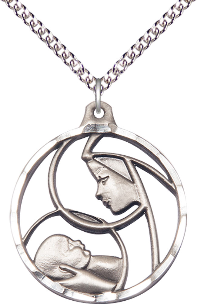 Sterling Silver Madonna &amp; Child Pendant on a 24 inch Sterling Silver Heavy Curb chain