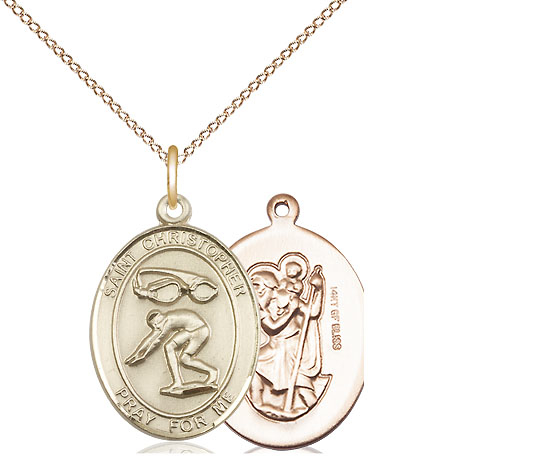 14kt Gold Filled Saint Christopher Swimming Pendant on a 18 inch Gold Filled Light Curb chain