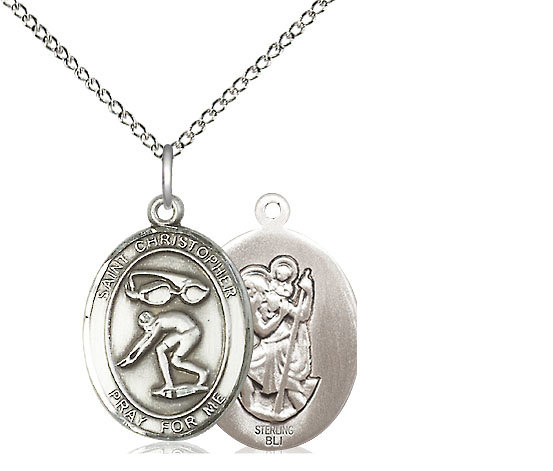 Sterling Silver Saint Christopher Swimming Pendant on a 18 inch Sterling Silver Light Curb chain