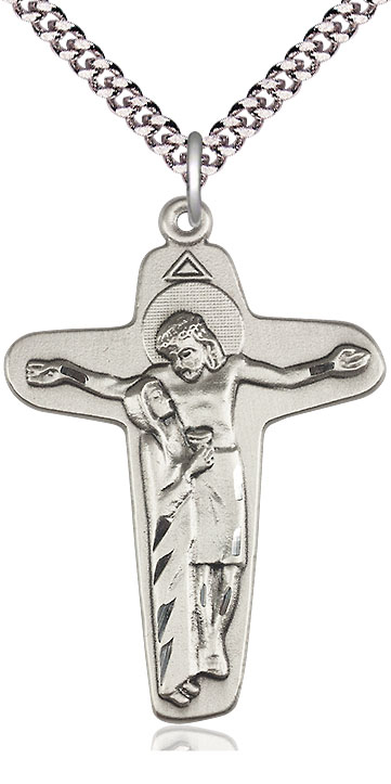 Sterling Silver Sorrowful Mother Crucifix Pendant on a 24 inch Light Rhodium Heavy Curb chain