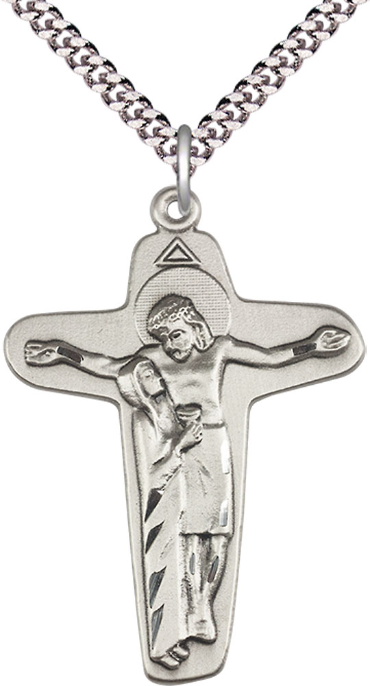 Sterling Silver Sorrowful Mother Crucifix Pendant on a 24 inch Light Rhodium Heavy Curb chain
