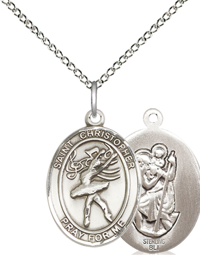 Sterling Silver Saint Christopher Dance Pendant on a 18 inch Sterling Silver Light Curb chain