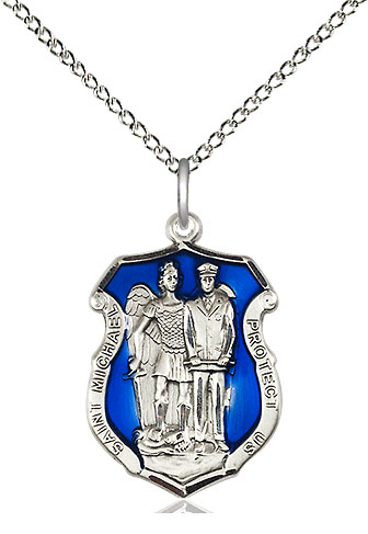 Sterling Silver Saint Michael the Archangel Police Shield Pendant on a 18 inch Sterling Silver Light Curb chain