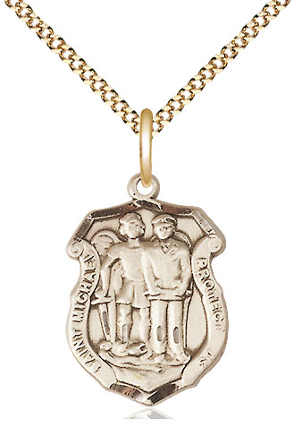 14kt Gold Filled Saint Michael the Archangel Police Shield Pendant on a 18 inch Gold Plate Light Curb chain