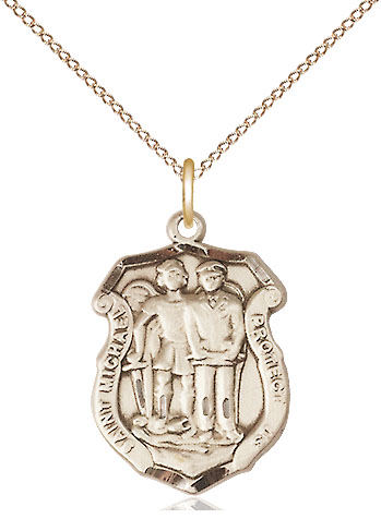 14kt Gold Filled Saint Michael the Archangel Police Shield Pendant on a 18 inch Gold Filled Light Curb chain