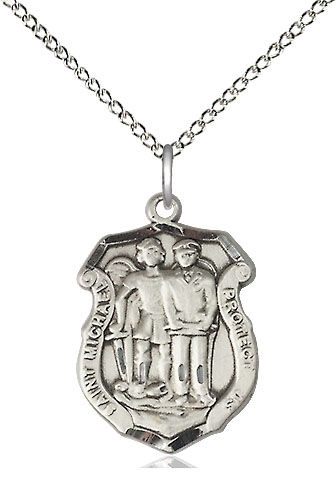 Sterling Silver Saint Michael the Archangel Police Shield Pendant on a 18 inch Sterling Silver Light Curb chain