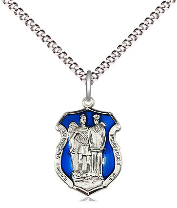 Sterling Silver Saint Michael the Archangel Police Shield Pendant on a 18 inch Light Rhodium Light Curb chain
