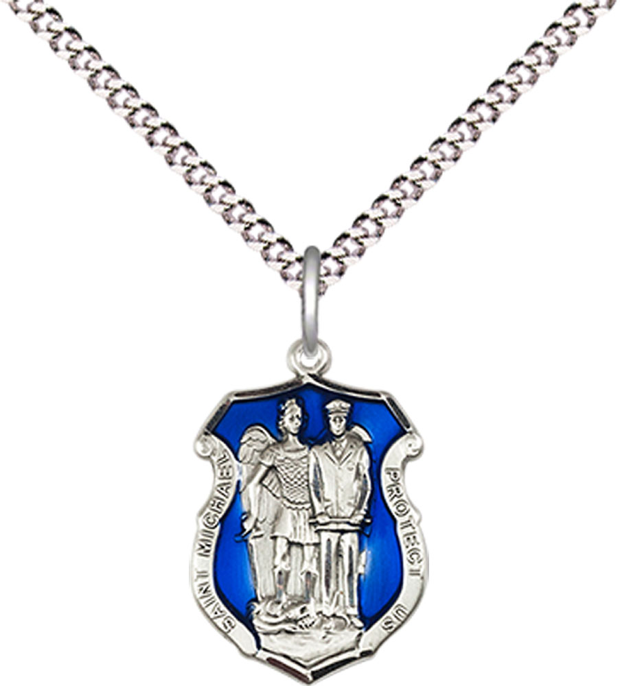 Sterling Silver Saint Michael the Archangel Police Shield Pendant on a 18 inch Light Rhodium Light Curb chain