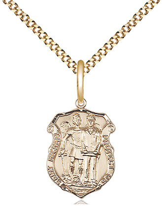 14kt Gold Filled Saint Michael the Archangel Police Shield Pendant on a 18 inch Gold Plate Light Curb chain