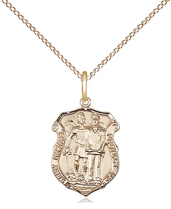 14kt Gold Filled Saint Michael the Archangel Police Shield Pendant on a 18 inch Gold Filled Light Curb chain