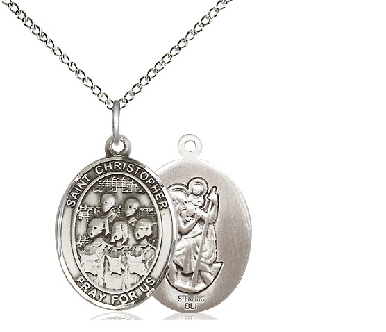 Sterling Silver Saint Christopher Choir Pendant on a 18 inch Sterling Silver Light Curb chain
