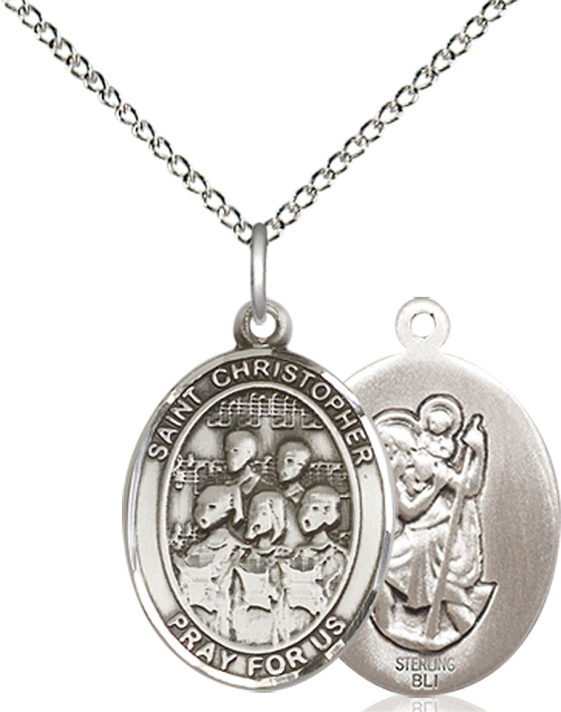Sterling Silver Saint Christopher Choir Pendant on a 18 inch Sterling Silver Light Curb chain