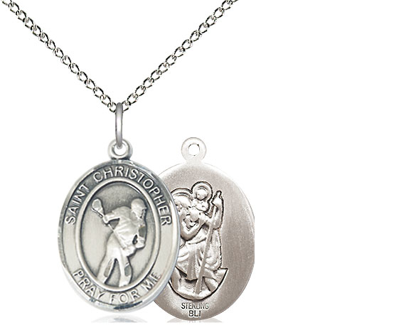 Sterling Silver Saint Christopher Lacrosse Pendant on a 18 inch Sterling Silver Light Curb chain