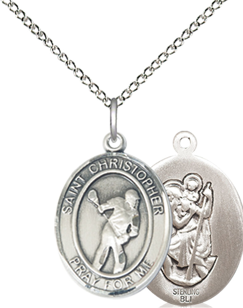 Sterling Silver Saint Christopher Lacrosse Pendant on a 18 inch Sterling Silver Light Curb chain