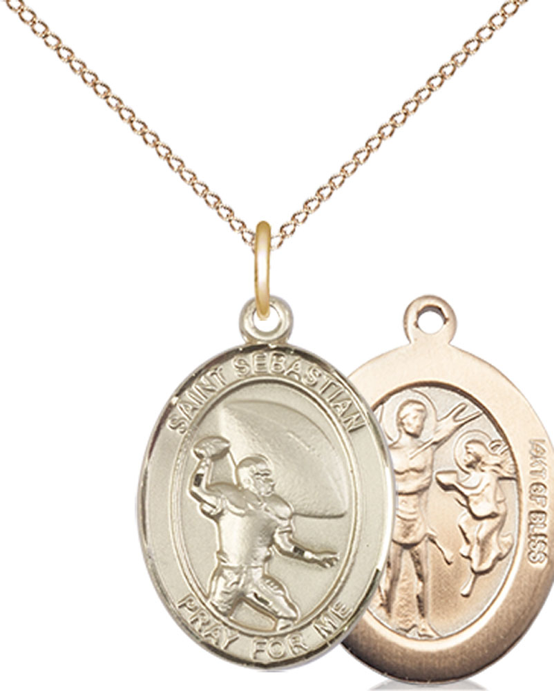 14kt Gold Filled Saint Sebastian Football Pendant on a 18 inch Gold Filled Light Curb chain