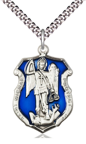 Sterling Silver Saint Michael the Archangel Shield Pendant on a 24 inch Light Rhodium Heavy Curb chain