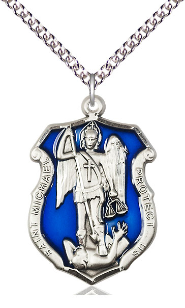 Sterling Silver Saint Michael the Archangel Shield Pendant on a 24 inch Sterling Silver Heavy Curb chain