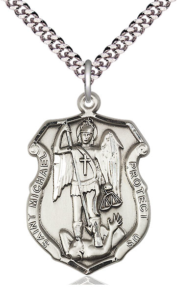Sterling Silver Saint Michael the Archangel Shield Pendant on a 24 inch Light Rhodium Heavy Curb chain