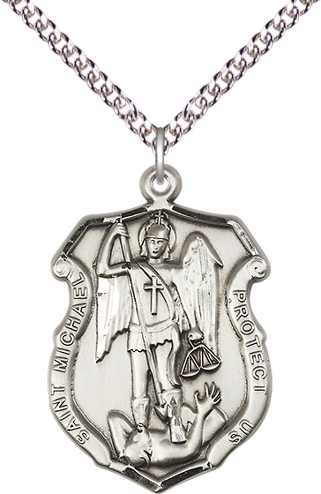 Sterling Silver Saint Michael the Archangel Shield Pendant on a 24 inch Sterling Silver Heavy Curb chain