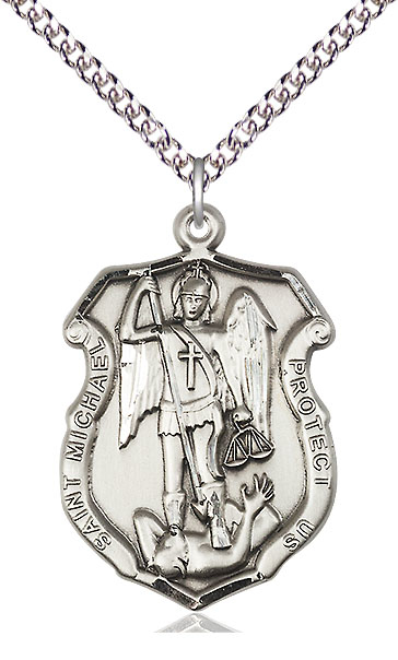 Sterling Silver Saint Michael the Archangel Shield Pendant on a 24 inch Sterling Silver Heavy Curb chain